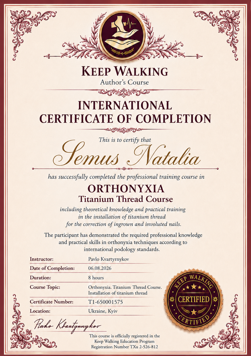 Образец авторского сертификата курса «Orthonyxia — Titanium Thread Course» школы Павла Квартирникова